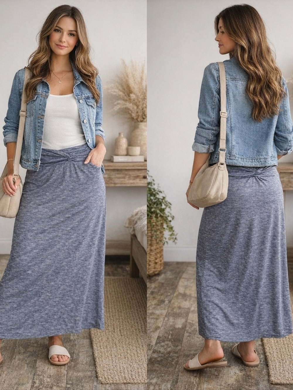 Max Studio Twist Waist Maxi Skirt Gray Blue Size Medium Casual Stretch y2k